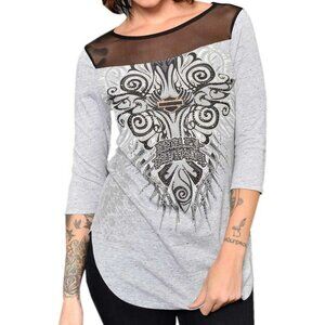 Womens Harley Davidson Gray Fall Fresh Embellished Mesh 3/4 Sleeve Top T-Shirt L